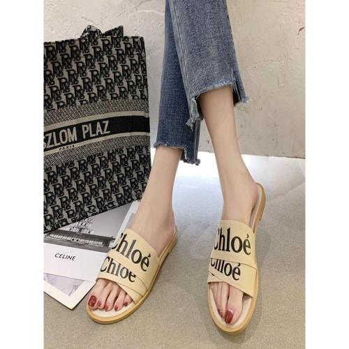 平跟拖鞋女外穿夏季百搭網紅織帶拼色休閑女鞋厚底平底字母一字拖