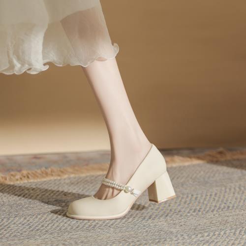 2026年新款秋季高跟鞋女百搭珍珠圓頭杏色仙女風配裙子粗跟單鞋女