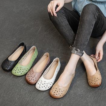 手工刺繡真皮女鞋淺口源頭平底洞洞鞋復古鏤空透氣中老年媽媽涼鞋