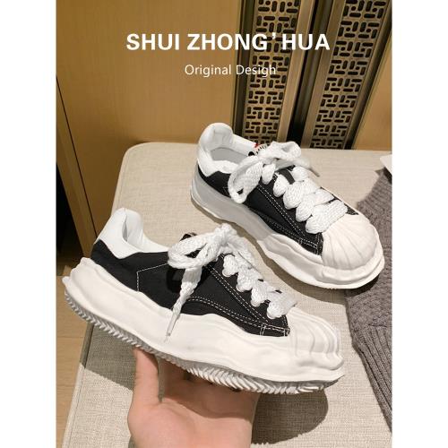 貝殼頭溶解鞋女2026春季新款松糕厚底帆布鞋女小白鞋休閑運動板鞋