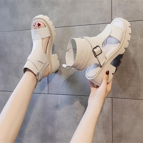 韓版街拍厚底涼鞋女露趾高跟女鞋2026夏季新款羅馬鞋粗跟涼靴女潮