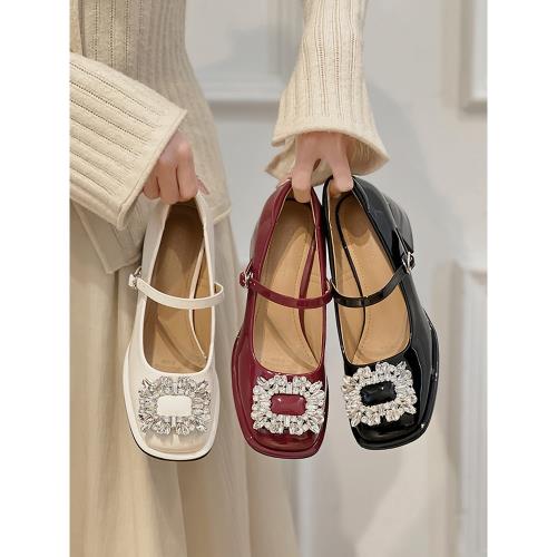 法式復古高跟紅色小皮鞋瑪麗珍鞋女粗跟單鞋子水鉆婚鞋新娘鞋早春