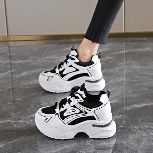 女士增高8CM厚底老爹鞋皮面休閑旅游鞋春夏爆款高跟小個子運動鞋