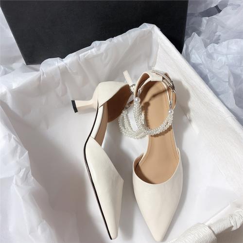 森嶼海巷 復古尖頭細高跟御姐氣質真皮珍珠腳腕絆帶中空包頭涼鞋