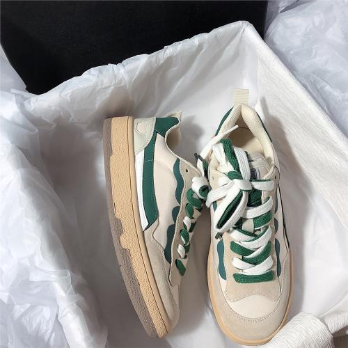 森嶼海巷 巨好穿不撞款！圓頭拼色厚底網布透氣中跟真皮運動鞋女