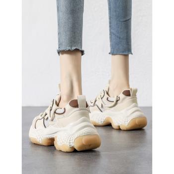 厚底網紅老爹鞋女夏2023秋季新款網面透氣女鞋真皮復古百搭運動鞋