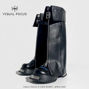 Visual focus 原創褲管靴女大筒圍拖地鞋潮牌流浪風Y2K穿搭高筒靴