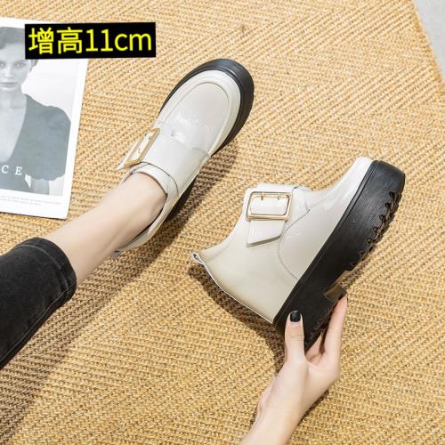 真皮內增高女鞋10cm厚底坡跟單鞋女10公分小個子白色百搭高跟皮鞋