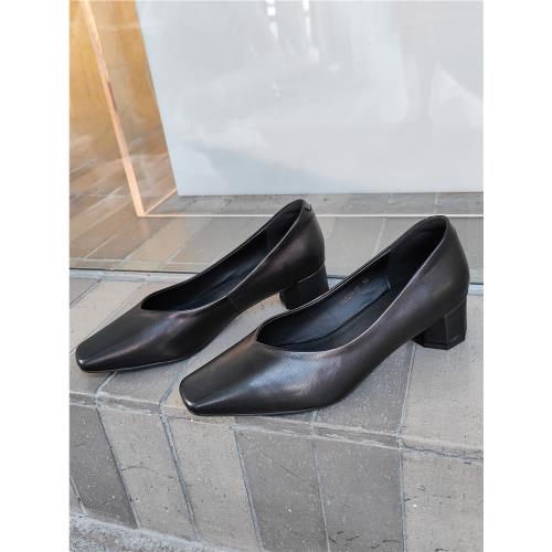 2024新款OL通勤風中粗跟方頭飄鞋真皮黑色手工小皮鞋百搭中跟單鞋