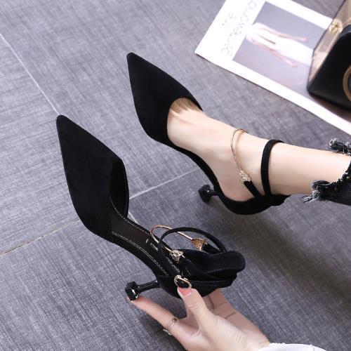 2020夏季新款氣質百搭尖頭一字帶高跟鞋女細跟涼鞋性感中空貓跟鞋