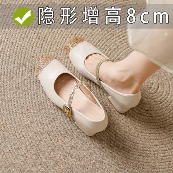 單鞋女2024新款春秋淺口真皮粗跟內增高小香風一字帶瑪麗珍高跟鞋