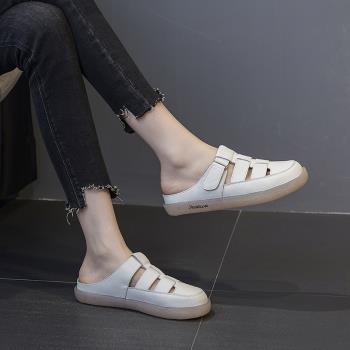 真皮鏤空運動包頭涼鞋女外穿2024新款百搭防滑孕婦平底涼拖鞋女鞋