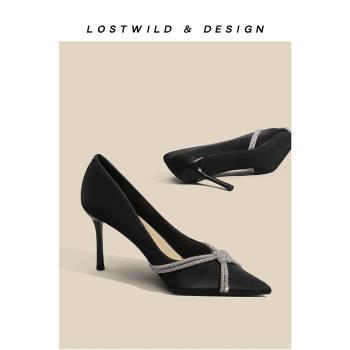 LOSTWILD真皮黑色尖頭單鞋女2023新款優雅風交叉水鉆氣質高跟鞋冬