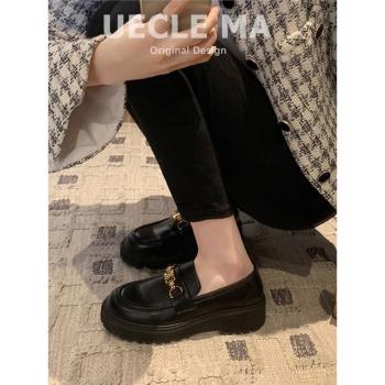 一腳蹬真皮春季增高英倫風樂福鞋