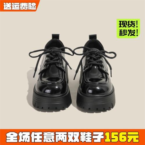 黑色厚底小皮鞋女秋季2025新款英倫系帶增高樂福鞋大碼女鞋41到43