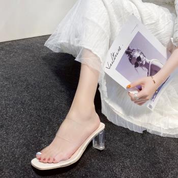 2024年新款夏季網紅款透明涼鞋女仙女風高跟粗跟水晶時裝涼拖鞋女