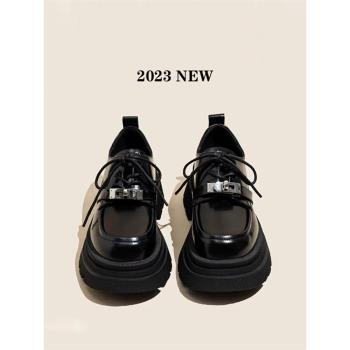 不二鞋坊 2023年新款春季小皮鞋女真皮鎖扣厚底英倫樂福鞋單鞋
