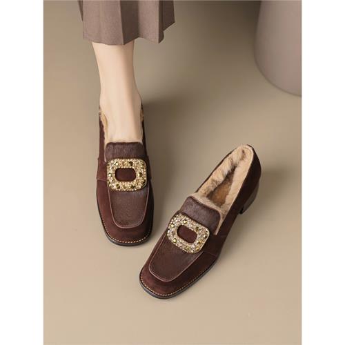 5CM復古風加厚毛毛單鞋粗跟真皮加絨小皮鞋時尚棕色水鉆樂福鞋女