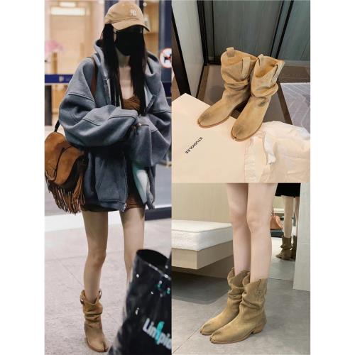 楊冪同款堆堆靴2024新款分趾真皮褶皺粗跟短靴女冬西部牛仔騎士靴