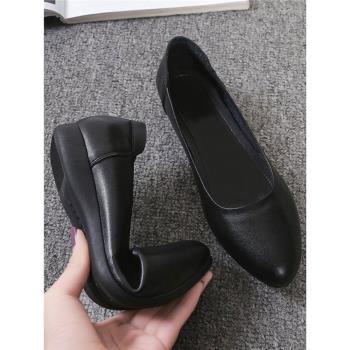 軟皮工作鞋女黑色平底軟底皮鞋職業上班面試酒店防滑空姐舒適單鞋