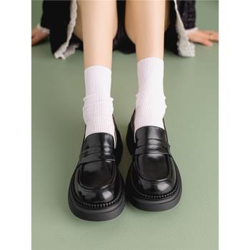 原野厚底學院樂福鞋圓頭粗跟真皮單鞋子女2023今年春秋新款小皮鞋