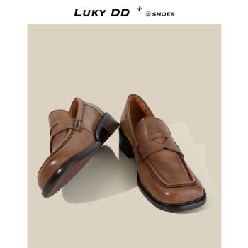 LukyDD復古真皮軟皮粗跟樂福鞋