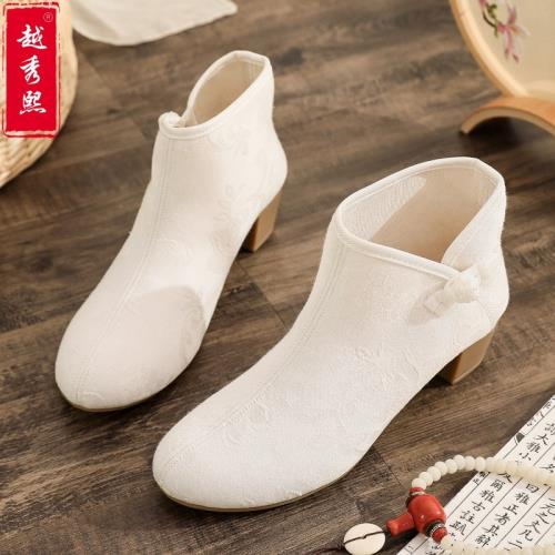 秋冬季款老北京布鞋女配旗袍的鞋子復古中跟短靴漢服鞋古風茶服鞋