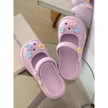 小清新甜美花朵瑪麗珍半拖鞋女夏季防滑外穿踩屎感度假包頭沙灘鞋