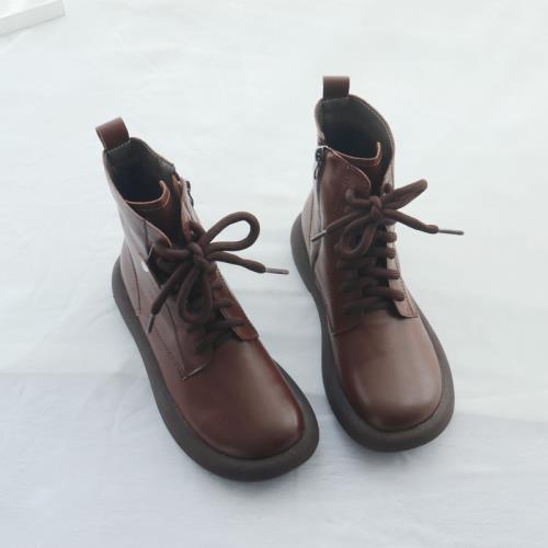 真皮小短靴女秋冬新款單靴軟底軟面加絨棉皮鞋復古平底英倫馬丁靴