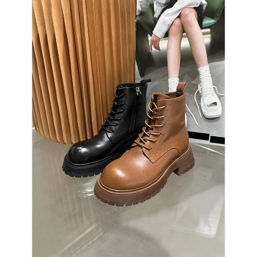 特價298 歐洲站新款英倫風機車靴胎牛皮短靴女真皮厚底馬丁靴棕色