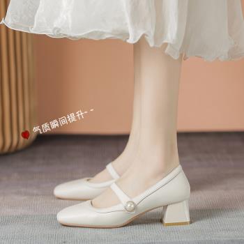 軟底法式瑪麗珍女士鞋2023夏秋季新款小皮鞋晚晚休閑珍珠粗跟單鞋