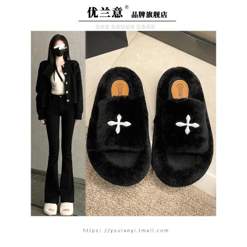 爆款毛毛鞋女2025秋冬季新款厚底毛絨拖鞋外穿十字花棉鞋懶人鞋子