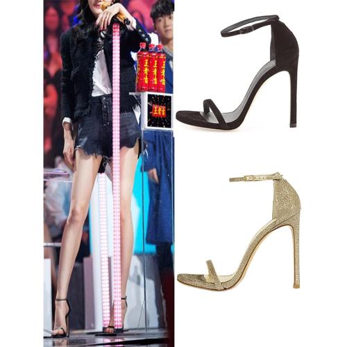 楊冪同款高跟鞋細跟夏季簡約亮片一字扣帶性感SW涼鞋女2024升級版