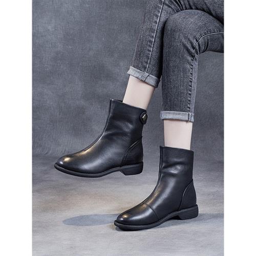 真皮切爾西小短靴女圓頭顯瘦時尚馬丁靴英倫風2022年新款低跟女靴