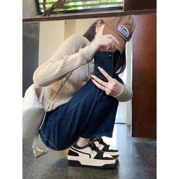 內增高7cm小個子小碼3233真皮熊貓拼色百搭板鞋女鬆糕厚底小白鞋
