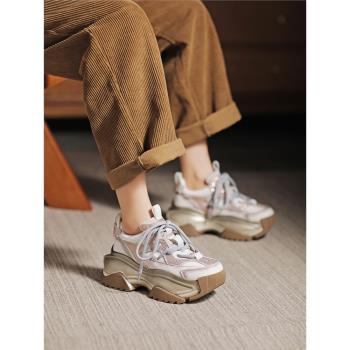 春秋季新款復古真皮輕便老爹鞋女增高厚底鬆糕女鞋時尚休閑運動鞋