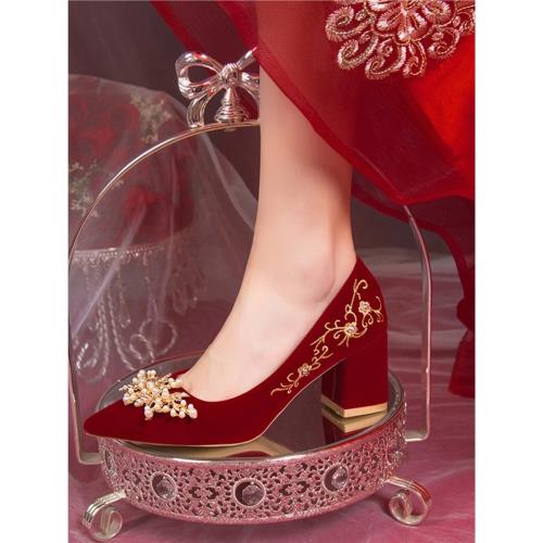 婚鞋女粗跟新娘中式紅色秀禾婚紗兩穿紅色訂婚高跟不累腳優雅單鞋