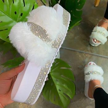 大碼43水鉆毛毛一字拖鞋fur women flat slippers summer sandals