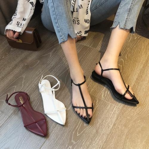 自留款~超百搭韓版尖頭平底女涼鞋一字細帶平跟軟底扣帶羅馬女鞋