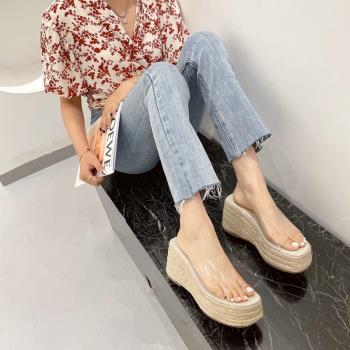 水晶透明玻璃膠露趾氣質厚底編織坡跟涼拖鞋大碼女夏外穿2022新款