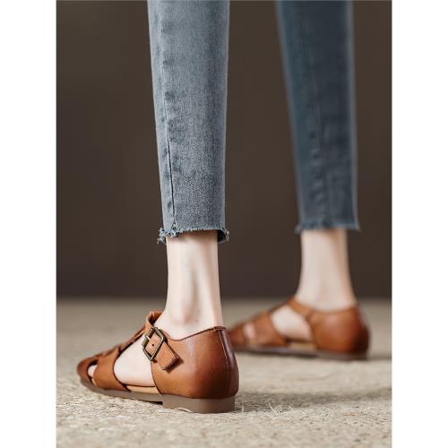 法式復古包頭涼鞋女真皮鏤空羅馬鞋2025夏季新款軟底休閑編織女鞋