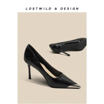LOSTWILD法式真皮黑色高跟鞋女2023新款高階感金屬尖頭性感單鞋冬