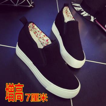 春季布鞋厚底鞋黑白色懶人帆布鞋女鞋內增高韓版休閑鞋小白鞋34碼