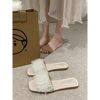 夏珍珠網紗仙女風防滑平底拖鞋