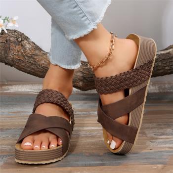 大碼休閑涼拖平底一字交叉涼鞋 women flat shoes tassel sandals