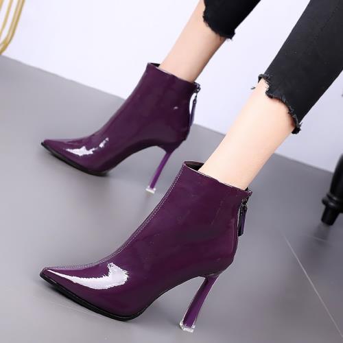 網紅性感尖頭短靴女2025年冬季新款細跟高跟鞋性感漆皮百搭馬丁靴