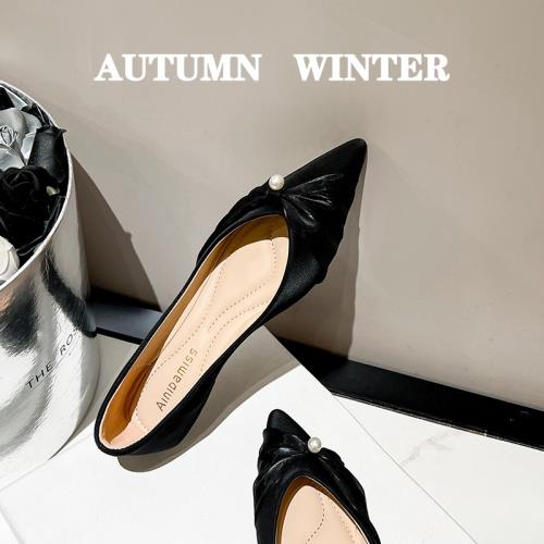 法式單鞋女平底鞋子春秋女士黑色軟底尖頭一腳蹬配裙子晚晚風瓢鞋