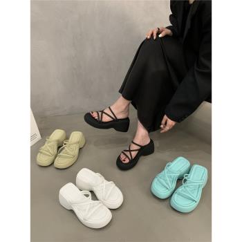 增高厚底拖鞋女款夏天外穿配裙子白色高跟鞋法式小涼拖松糕鞋2024