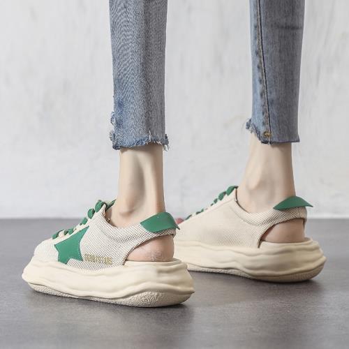 運動涼鞋女夏季網面鏤空溶解帆布鞋2025新款厚底休閑魚嘴沙灘鞋子