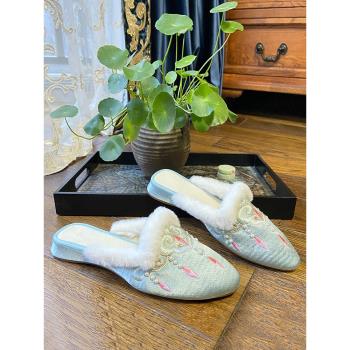 繡花拖鞋低跟古風漢服旗袍緞面